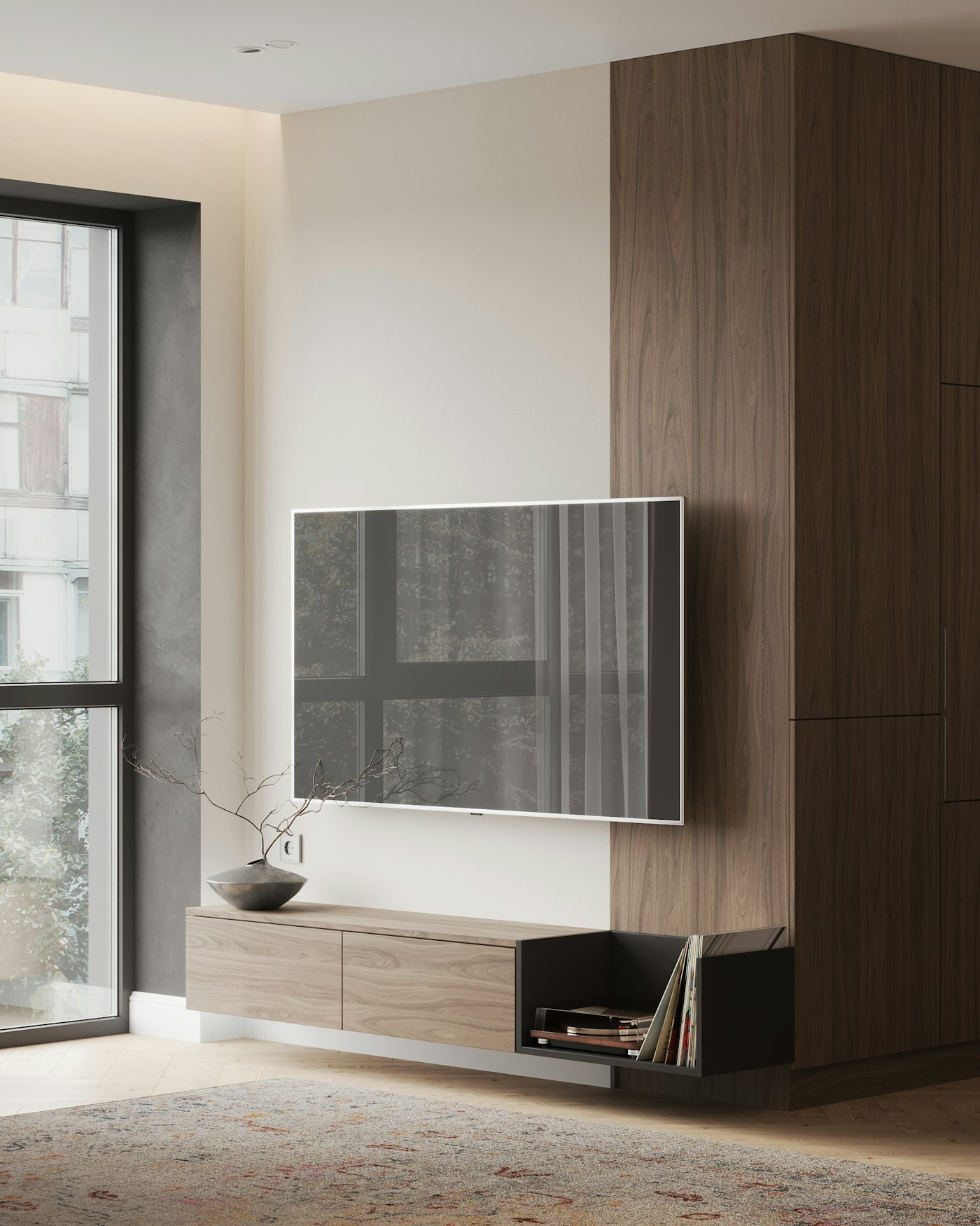 Smart TV working perfectly after a repair, mounted in a premium living room